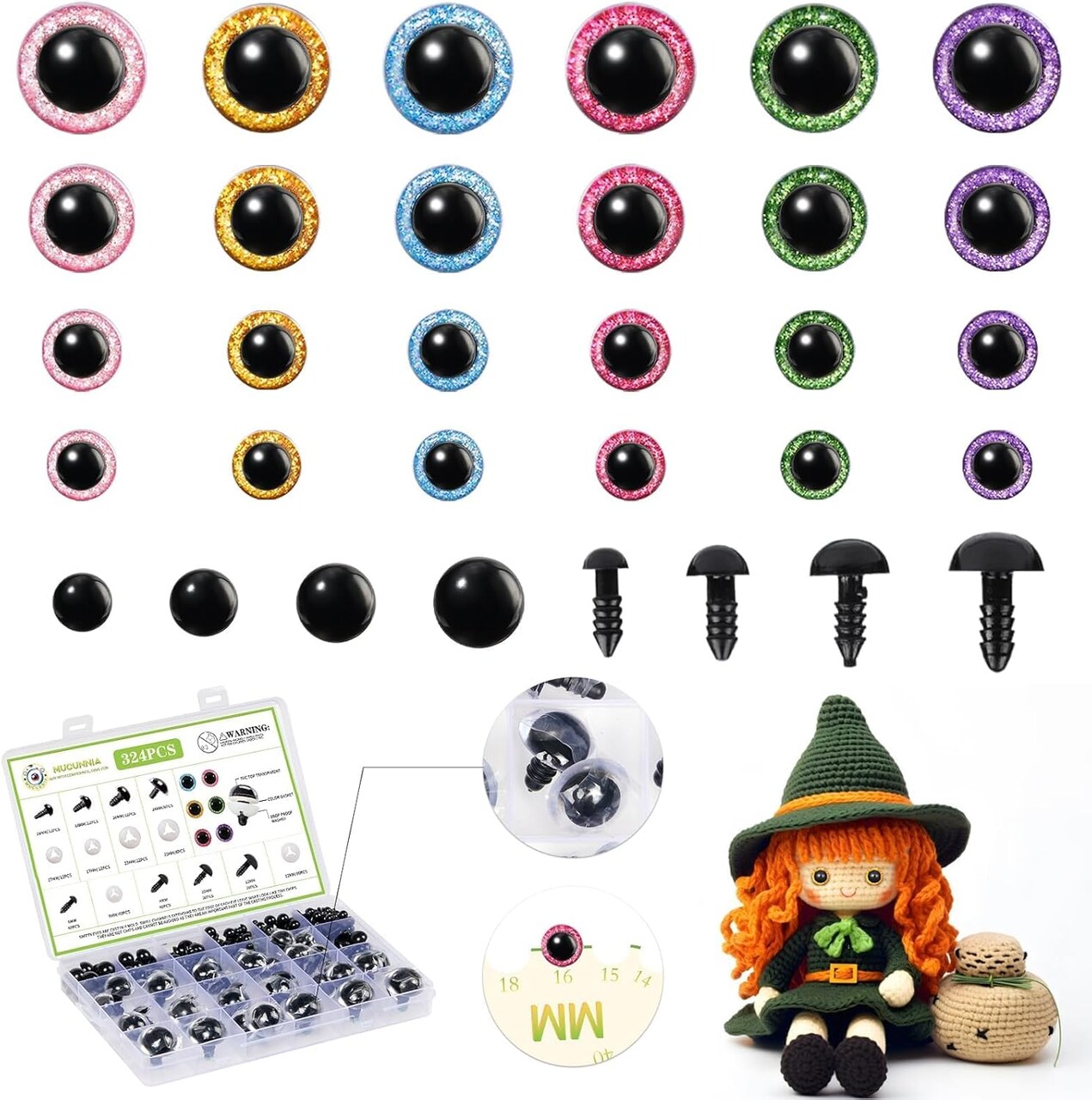 324-Piece Upgraded Glitter Safety Eyes with Washers & Size Tool – 6mm to 24mm for Amigurumi, Crochet Dolls, Plush Toys & DIY Crafts